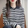 Camisa básica estilosa de algodão puro tricotado, nova para primavera e outono, com listras, gola polo, modelagem solta e casual, de manga longa, para mulheres