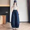 Foto Real de Pantalones de Globo Linterna, Pantalones de Pierna Ancha para Mujer, Nuevos Pantalones Azul Marino de Cintura Alta, Pantalones Cropped Estilizadores para Mujer Petite con Diseño de Capullo de Flor
