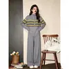 Conjunto de Duas Peças Cardigã de Tricô Color Block Listrado com Zíper Duplo e Calça Wide Leg de Caimento Solto - Outono 2026