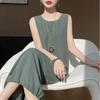Vestido de Tirantes Tejido de Lino Estilo Nuevo Francés para Mujer, Fondo Drapeado sin Mangas con Cuello U, Vestido Vaso, Verano Talla Extra Vestido Largo