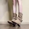 Botas Chuyuji de tacón grueso estilo francés chic de nicho con hebilla, de media caña, para otoño e invierno, estilo holgado, de gamuza para mujer, versátiles, de moda