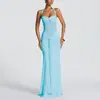 Amazon Transfronterizo 2025 Nuevo Estilo Vestido Largo con Cuello Halter y Lazos, Empalme de Malla, Estilo Europeo y Americano