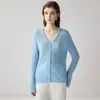 Cardigan Leve~Seda de Amora Caxemira para Mulheres Gola V Preguiçoso Vazado Textura de Ar Tricô que Reduz a Idade Peça de Roupa Exterior Top