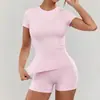 Venta Caliente Transfronteriza Ropa de Yoga para Mujer Conjunto de Manga Corta de Secado Rápido Ropa de Fitness Running Pantalones Cortos de Tacto de Alta Gama Conjunto de Dos Piezas