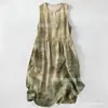 Vestido Casual de Algodão Puro com Estampa Digital Nova, Gola Redonda, Sem Mangas, Comprimento Médio, Para Mulheres, Verão na Praia