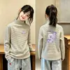 Camiseta de Manga Larga de Polar Doble Cara Alemana para Niñas, Nuevo Estilo Otoño/Invierno, Top Cepillado de Capa Interior para Niñas, Camiseta de Manga Larga Rayada para Niños