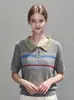 Camisa Polo de Tricô Listrada Retro Francesa de Manga Curta para Mulheres, Início do Outono, Temperamento, Emagrecedor, Ombro Normal, Top Pequeno