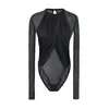 Body de malla con retazos cruzados de manga larga para mujer, fino y transparente para otoño, ajustado, sexy, capa base con entrepierna