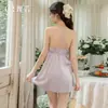 Robe Lingerie Tentação Costas Nuas Renda Franzida Alças Finas Seda Rosa Cintura Marcada Conjunto Casa Feminino 5676