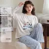 Pijama feminino, algodão puro, manga longa, calça comprida, gola redonda, sem botões, estilo primavera e outono, doce e fofo, pode ser usado fora de casa, conjunto de loungewear feminino
