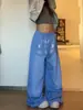 Pantalones de pierna ancha azules con pedrería tipo letra estilo americano, dulces y frescos, para mujer, corte holgado, con cordón para estilizar, pierna recta, casual, deportivos