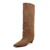 Botas longas de camurça de cano alto para mulheres, botas de salto bloco, novas botas de estilo coreano para outono e inverno, bico fino, salto médio, sem cadarço, over-the-knee, botas de perna reta para mulheres