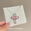 Colar Longo Doce e Descolado Cruz Diamante Rosa Corrente de Suéter de Luxo Leve de Alta Qualidade Colar Pingente de Personalidade de Nicho