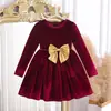 Vestido infantil de veludo, de manga comprida, com veludo dourado e um laço dourado, estilo princesa, adequado para outono e inverno, vestido de aniversário para meninas