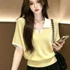 2026 Blusa de Tricô Gelo Falsa Duas Peças Color Block com Gola Polo para Mulheres, Novo Estilo de Verão, Camiseta Solta de Manga Morcego Curta