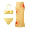 Bikini sexy de Amazon bikini de vacaciones europeo y americano ajustado top de tubo con cuello halter estampado falda larga traje de baño de tres piezas