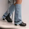 Botas de moda para mujer de otoño e invierno, botas para mujer de talla grande transfronterizas, tacón medio, estilo europeo y americano, punta redonda, tacón cuadrado, sin cordones, talla 50, botas de media pantorrilla para mujer
