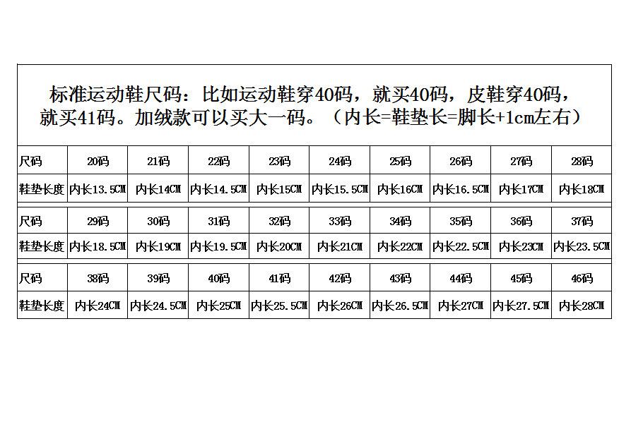 20-46码 标准鞋码表格