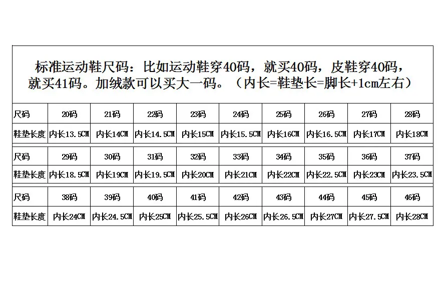 20-46码 标准鞋码表格