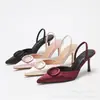 Zapatos de Tacón Alto sin Espalda con Punta Fina, Sandalias de Satén de Tacón de Aguja Elegantes y de Moda con Hebilla Redonda, Zapatos de Tacón Alto, Transfronterizo