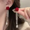 Pendientes de borlas [té de durazno] otoño e invierno Pendientes de borlas de terciopelo rosa para mujer de alta calidad Set rojo de Año Nuevo con temperamento