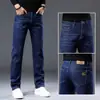 Jeans Clássico de Luxo Leve Forrado com Lã Masculino Outono e Inverno Elástico Business Casual para Meia-idade Quente Espesso Calças de Perna Reta