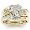 Anel de noivado de casamento feminino de duas peças com novo diamante transfronteiriço banhado a ouro 18K ouro rosa anel de zircônia de diamante artificial