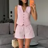 Conjunto de Dos Piezas de Algodón Puro para Primavera y Verano 2026, Nuevo Estilo, Chaleco sin Mangas con Cuello en V, Pantalones Anchos Sueltos Casuales de Cintura Alta, Top y Shorts