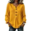 Camiseta T-shirt feminina de malha waffle com gola V e mangas compridas, multicolorida, estilo casual solto de abotoamento simples, novo estilo outono e inverno, para comércio exterior transfronteiriço europeu e americano