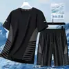 Terno Esportivo Masculino Tamanho Grande Terno Masculino Verão Gelo Seda Respirável Elástico Manga Curta Shorts 2025 Novo Conjunto Casual de Duas Peças