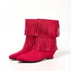 Botas western de flecos de doble capa al por mayor transfronterizas para mujer, puntera puntiaguda, tacón de cuña, aumento de altura oculto, botas de media caña europeas y americanas, comercio exterior, zapatos de mujer para otoño e invierno