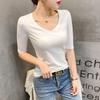 Camiseta de Modal de Manga Media para Mujer Primavera y Otoño Delgada Ajustada Cuello en V Base con Mascarilla Facial Top Cuello Corazón Cuerpo de Media Manga