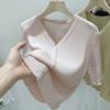 Suéter de Punto de Seda de Hielo con Cuello en V de Talla Grande con Cárdigan de Estilo Occidental de Manga Corta con Orejas de Madera Camisa Base de Punto Abrigo Fino de Verano Top