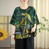 Camiseta Retro Literaria Estampada de Manga Corta para Mujer Talla Grande Verano Holgada Cubre Vientre y Adelgazante Estilo Top