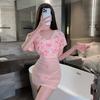 Fan Lei ropa interior sexy perspectiva sexy V profundo floral rosa gasa cintura alta cadera falda uniforme traje 893