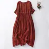 Vestido de Verão 2026 Plus Size para Mulheres Plus Size, Vestido Vintage Solto Bordado de Algodão e Linho Rodado de Manga Curta Comprimento Médio