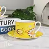 Série Céu Estrelado Colorido da D Conjunto de Xícara Dupla e Pires Amarelo Padrão de Desenho Animado Fofo Par de Amigos Casal Presente