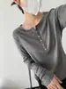 Camisa base feminina de outono em Lyocell Tencel e lã com botões de concha, gola tesoura, mangas compridas, top afunilado para usar em camadas