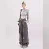 2024 Estilo Hong Kong Nuevo Retro Americano Pantalones de Peto Ajustados de Cintura Alta con Puño Diseño Holgado Primavera y Otoño Nuevos Pantalones Rectos