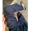 Calça Wide Leg de Algodão e Linho Azul Marinho para Mulheres, Novo Estilo Primavera/Verão 2026, Cintura Alta, Emagrecimento, Solta, Casual, Perna Reta Relaxada, Comprimento no Chão