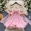 Vestido doce e picante estilo francês com alça de laço, versão coreana com babados, elegante vestido evasê que rejuvenesce