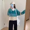 Casaco suéter listrado color-block artístico e vintage para mulheres, novo estilo outono/inverno, corte solto, de abotoamento simples com botões de madeira, cardigã de tricô versátil
