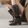Estilo francês mostra pernas longas botas de perna de calça de couro genuíno 2026 novo estilo comércio exterior salto grosso fivela de cinto cano largo salto alto botas de montaria feminino