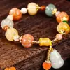 Pulseira de Abóbora com Fio de Ouro Imitado, Pulseira de Jade, Pingente de Abóbora, Nova Pulseira de Fio de Ouro Estilo Chinês, Pulseira Colorida para Mulheres
