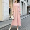 Vestido Miyake Único Chique de Alta Qualidade Outono Novo Gola Redonda Mangas Sino Cintura Alta Saia Evasê Emagrecedora Saia Elegante