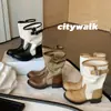 Versión de piel de vaca ~ Color uva, 4 cm de aumento de altura, hebilla de cinturón de color block a la moda, punta redonda, tacón grueso, botas de montar estilo Western hasta la mitad de la pantorrilla para mujer
