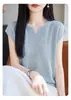 Camiseta de punto de manga corta con cuello en V para mujer, estilo veraniego fino con diseño calado, top adelgazante y elegante, camiseta sin mangas fresca de lino de bambú