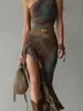 2026 Nuevo Vestido Largo Asimétrico Estampado de Retazos Retro Estilo Europeo y Americano Ajustado al Cuerpo con Abertura Alta