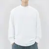 Camiseta Masculina de Manga Longa Estilo Americano 260g Algodão Puro Pesado com Gola Meia-Alta, Camisa Base Branca, Top de Gola Média