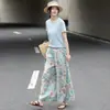 Pantalones Culotte Casuales de Algodón y Lino de Pierna Ancha Sueltos con Estampado Artístico Retro de Lino de Alta Gama para Mujer